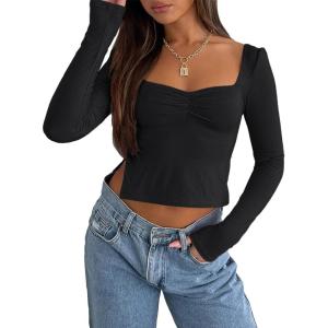 imageTrendy Queen Womens Long Sleeve Going Out Crop Tops Sweetheart Neck Cute Y2k T Shirts Side Slit TeesBlack