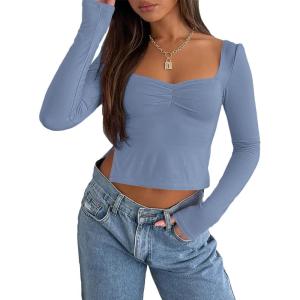 imageTrendy Queen Womens Long Sleeve Going Out Crop Tops Sweetheart Neck Cute Y2k T Shirts Side Slit TeesBlue