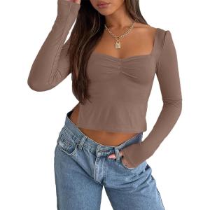 imageTrendy Queen Womens Long Sleeve Going Out Crop Tops Sweetheart Neck Cute Y2k T Shirts Side Slit TeesCoffe