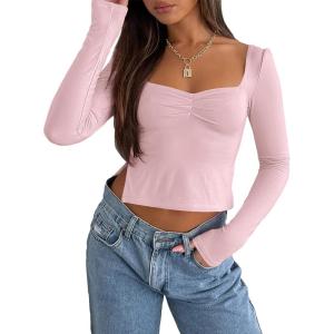 imageTrendy Queen Womens Long Sleeve Going Out Crop Tops Sweetheart Neck Cute Y2k T Shirts Side Slit TeesPink