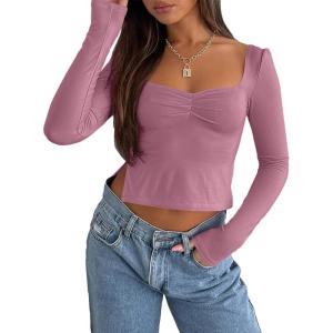 imageTrendy Queen Womens Long Sleeve Going Out Crop Tops Sweetheart Neck Cute Y2k T Shirts Side Slit TeesPinkpurple