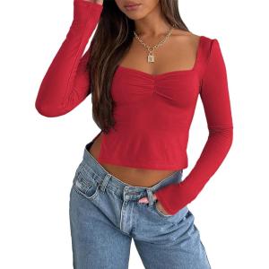 imageTrendy Queen Womens Long Sleeve Going Out Crop Tops Sweetheart Neck Cute Y2k T Shirts Side Slit TeesRed