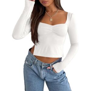 imageTrendy Queen Womens Long Sleeve Going Out Crop Tops Sweetheart Neck Cute Y2k T Shirts Side Slit TeesWhite
