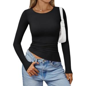 imageTrendy Queen Womens Long Sleeve Shirts Asymmetrical Ruched Going Out Slim Fit Tees Sexy Cute Y2k Fall Fashion Tops 2025Black
