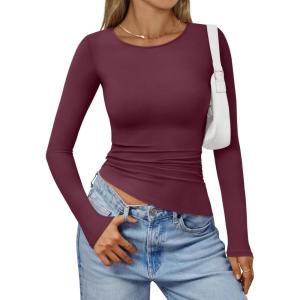 imageTrendy Queen Womens Long Sleeve Shirts Asymmetrical Ruched Going Out Slim Fit Tees Sexy Cute Y2k Fall Fashion Tops 2025Burgundyred