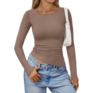 imageTrendy Queen Womens Long Sleeve Shirts Asymmetrical Ruched Going Out Slim Fit Tees Sexy Cute Y2k Fall Fashion Tops 2025Coffeegrey
