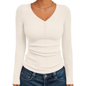 imageTrendy Queen Womens Long Sleeve Shirts Henley V Neck Ribbed Knit Tops Business Casual Basic TeesBeige
