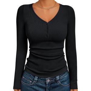 imageTrendy Queen Womens Long Sleeve Shirts Henley V Neck Ribbed Knit Tops Business Casual Basic TeesBlack