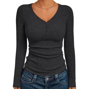 imageTrendy Queen Womens Long Sleeve Shirts Henley V Neck Ribbed Knit Tops Business Casual Basic TeesBlackgrey