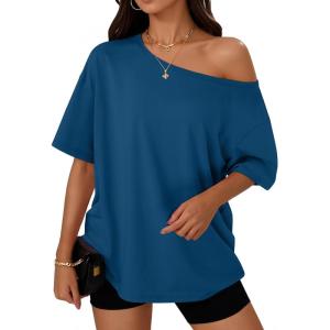 imageTrendy Queen Womens Off The Shoulder Tops Oversized TShirts Short Sleeve Tees Summer 2025 Casual Spring Fashion ClothesDarkblue