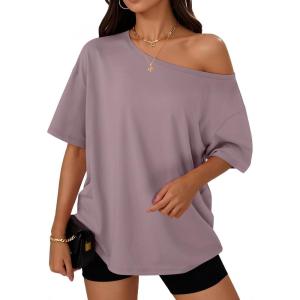 imageTrendy Queen Womens Off The Shoulder Tops Oversized TShirts Short Sleeve Tees Summer 2025 Casual Spring Fashion ClothesDarkpink