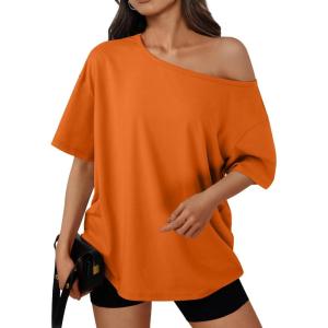imageTrendy Queen Womens Off The Shoulder Tops Oversized TShirts Short Sleeve Tees Summer 2025 Casual Spring Fashion ClothesOrange