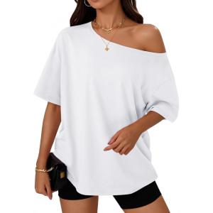 imageTrendy Queen Womens Off The Shoulder Tops Oversized TShirts Short Sleeve Tees Summer 2025 Casual Spring Fashion ClothesWhite