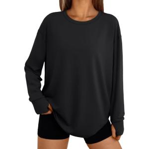 imageTrendy Queen Womens Oversized T Shirts Fall Tunic Thumb Hole Long Sleeve Workout Tops Fashion Plus Size Gym Loose Y2k TeeBlack