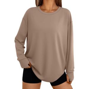 imageTrendy Queen Womens Oversized T Shirts Fall Tunic Thumb Hole Long Sleeve Workout Tops Fashion Plus Size Gym Loose Y2k TeeKhaki