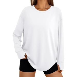 imageTrendy Queen Womens Oversized T Shirts Fall Tunic Thumb Hole Long Sleeve Workout Tops Fashion Plus Size Gym Loose Y2k TeeWhite