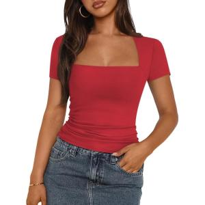 imageTrendy Queen Womens Square Neck Tops Short Sleeve Shirts Double Lined Workout Summer Clothes Casual Slim Fit TShirtsRed