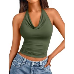 imageTrendy Queen Womens Summer Halter Tops Going Out Crop Top 2025 Fashion Cowl Neck Shirts Backless Sexy Cute Y2K ClothesArmygreen