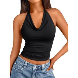 imageTrendy Queen Womens Summer Halter Tops Going Out Crop Top 2025 Fashion Cowl Neck Shirts Backless Sexy Cute Y2K ClothesBlack