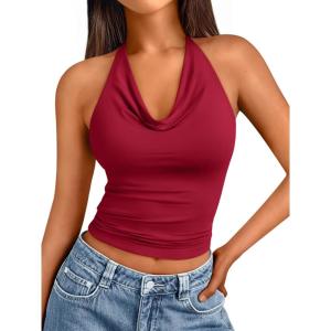 imageTrendy Queen Womens Summer Halter Tops Going Out Crop Top 2025 Fashion Cowl Neck Shirts Backless Sexy Cute Y2K ClothesRed