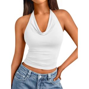 imageTrendy Queen Womens Summer Halter Tops Going Out Crop Top 2025 Fashion Cowl Neck Shirts Backless Sexy Cute Y2K ClothesWhite