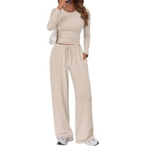 imageTrendy Queen Womens 2 Piece Matching Lounge Set Long Sleeve Slightly Crop Top Wide Leg Pants Casual SweatsuitBeige