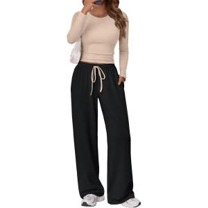 imageTrendy Queen Womens 2 Piece Matching Lounge Set Long Sleeve Slightly Crop Top Wide Leg Pants Casual SweatsuitBeige Black