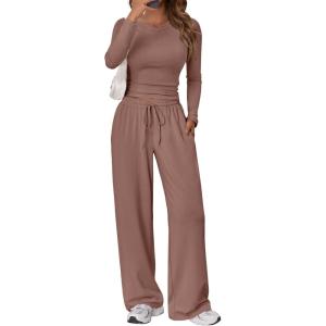 imageTrendy Queen Womens 2 Piece Matching Lounge Set Long Sleeve Slightly Crop Top Wide Leg Pants Casual SweatsuitMauve Rose