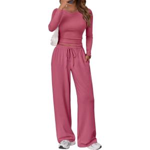 imageTrendy Queen Womens 2 Piece Matching Lounge Set Long Sleeve Slightly Crop Top Wide Leg Pants Casual SweatsuitRose
