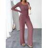 imageTrendy Queen Womens 2 Piece Matching Lounge Sets Fall Fashion Outfits Henley Neck Sweater Top Wide Leg Pants Sweat SuitsWine