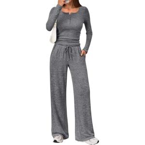 imageTrendy Queen Womens 2 Piece Matching Lounge Sets Fall Fashion Outfits Henley Neck Sweater Top Wide Leg Pants Sweat SuitsDark Grey