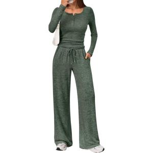 imageTrendy Queen Womens 2 Piece Matching Lounge Sets Fall Fashion Outfits Henley Neck Sweater Top Wide Leg Pants Sweat SuitsGreen
