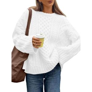 imageTrendy Queen Oversized Cable Knit Sweaters for Women Trendy 2025 Fall Fashion Outfits Pullover Crewneck Sweaters TopsWhite