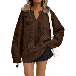 imageTrendy Queen V Neck Oversized Cable Knit Sweaters for Women Trendy 2025 Fall Fashion Outfits Clothes Winter ClothingBrown