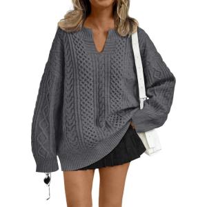 imageTrendy Queen V Neck Oversized Cable Knit Sweaters for Women Trendy 2025 Fall Fashion Outfits Clothes Winter ClothingDarkgrey