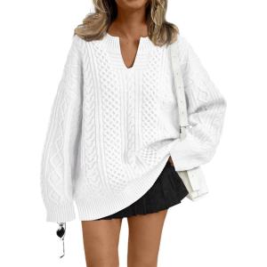 imageTrendy Queen V Neck Oversized Cable Knit Sweaters for Women Trendy 2025 Fall Fashion Outfits Clothes Winter ClothingWhite