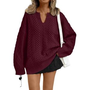 imageTrendy Queen V Neck Oversized Cable Knit Sweaters for Women Trendy 2025 Fall Fashion Outfits Clothes Winter ClothingWine