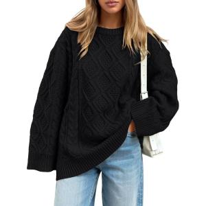 imageTrendy Queen Womens Oversized Cable Knit Crewneck Sweaters Cozy Winter ClothesBlack