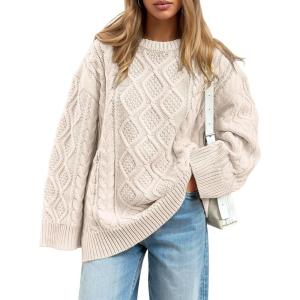imageTrendy Queen Womens Oversized Cable Knit Crewneck Sweaters Cozy Winter ClothesCream