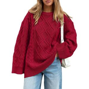 imageTrendy Queen Womens Oversized Cable Knit Crewneck Sweaters Cozy Winter ClothesRed