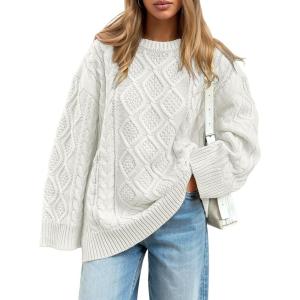 imageTrendy Queen Womens Oversized Cable Knit Crewneck Sweaters Cozy Winter ClothesWhite