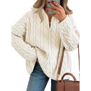 imageTrendy Queen Womens Oversized Cable Knit Quarter Zip Up Pullover Sweaters 2025Cream