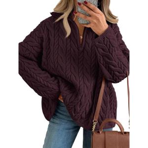 imageTrendy Queen Womens Oversized Cable Knit Quarter Zip Up Pullover Sweaters 2025Wine