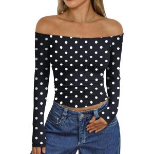 imageTrendy Queen Womens Long Sleeve Off The Shoulder Tops Going Out Cute Basic Y2K Fall Fashion 2025 Outfits ClothesBlack Dots