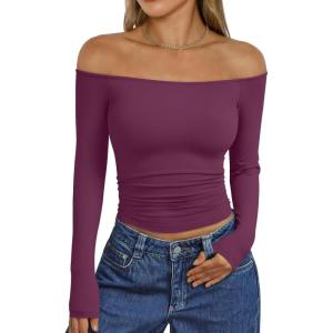imageTrendy Queen Womens Long Sleeve Off The Shoulder Tops Going Out Cute Basic Y2K Fall Fashion 2025 Outfits ClothesPurple