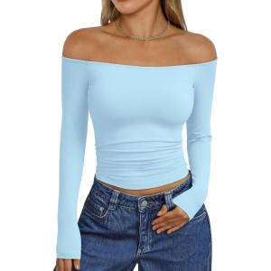 imageTrendy Queen Womens Long Sleeve Off The Shoulder Tops Going Out Cute Basic Y2K Fall Fashion 2025 Outfits ClothesSky Blue