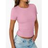 imageTrendy Queen Womens Short Sleeve Shirts Crewneck Ribbed Knit Slim Fitted TShirt Summer Basic Tee 2025 TopsPink