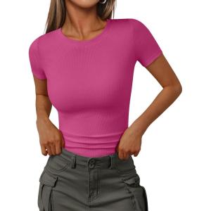 imageTrendy Queen Womens Short Sleeve Shirts Crewneck Ribbed Knit Slim Fitted TShirt Summer Basic Tee 2025 TopsHot Pink