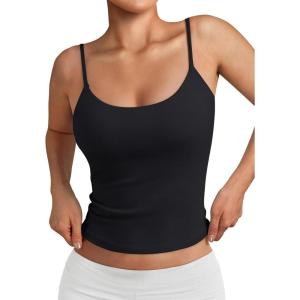 imageTrendy Queen Womens Double Lined Spaghetti Strap Tank Tops Summer Adjustable Camisole Teens Going Out Cute Basic Crop TopsBlack