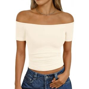imageTrendy Queen Summer Off The Shoulder Tops for Women Going Out Short Sleeve Shirts Cute Y2K Sexy Basic Clothes 2026 FashionApricot